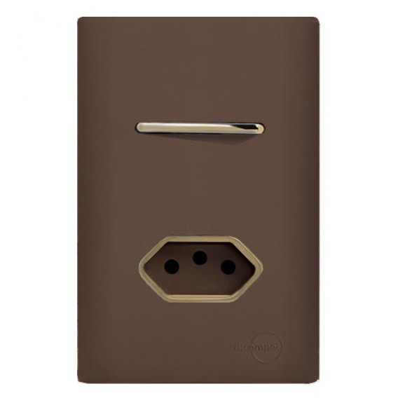 Conjunto Interruptor Simples + Tomada 20A 4x2 - Novara Marrom Fosco Gold